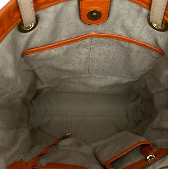 Michael Kors Tote Bag Vintage Monogram Embossed Leather Tote Shoulder Bag Orange - Picture 10 of 12